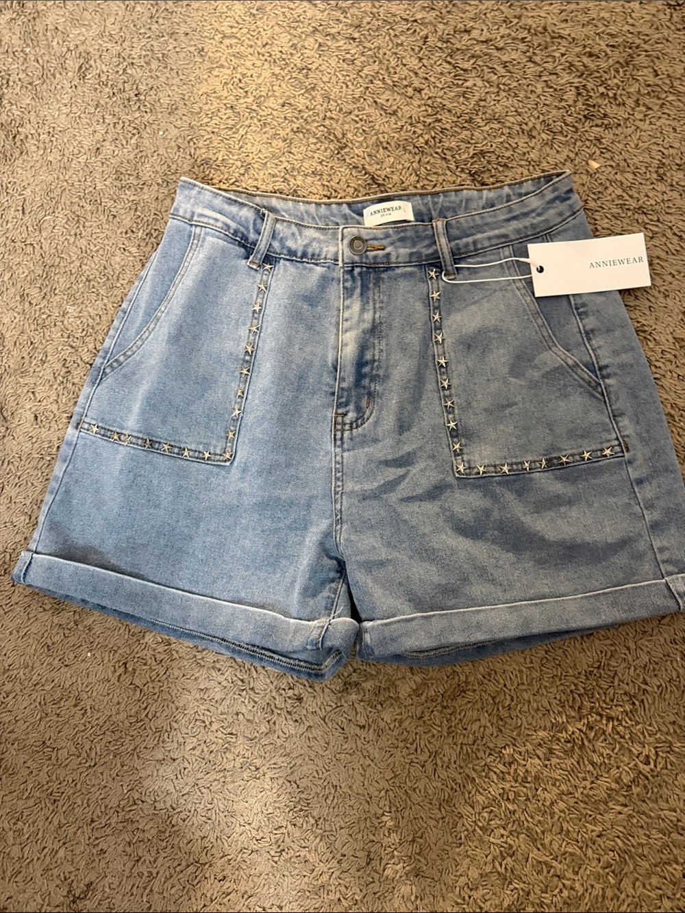 Annie Light Blue Denim High-Rise Jean Shorts with Stud Trim